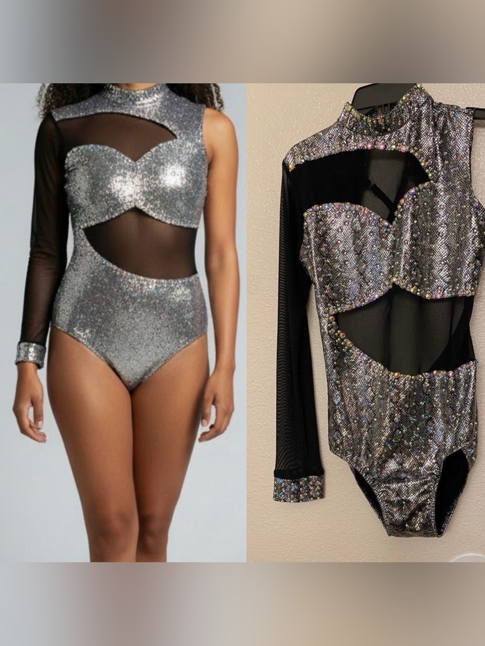 Rare Glamour competition, solo dance costume metallic silver jazz LA-Large adult